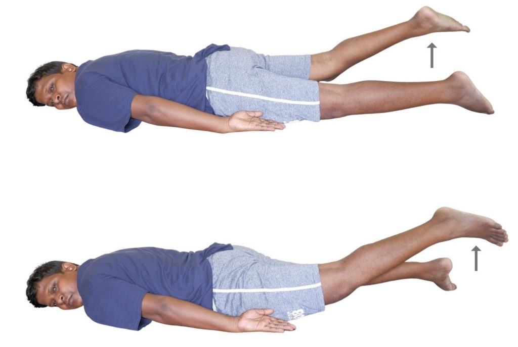 Straight leg raise in prone spine strengthening exercise