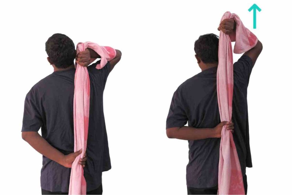 tight shoulder stretch using towel