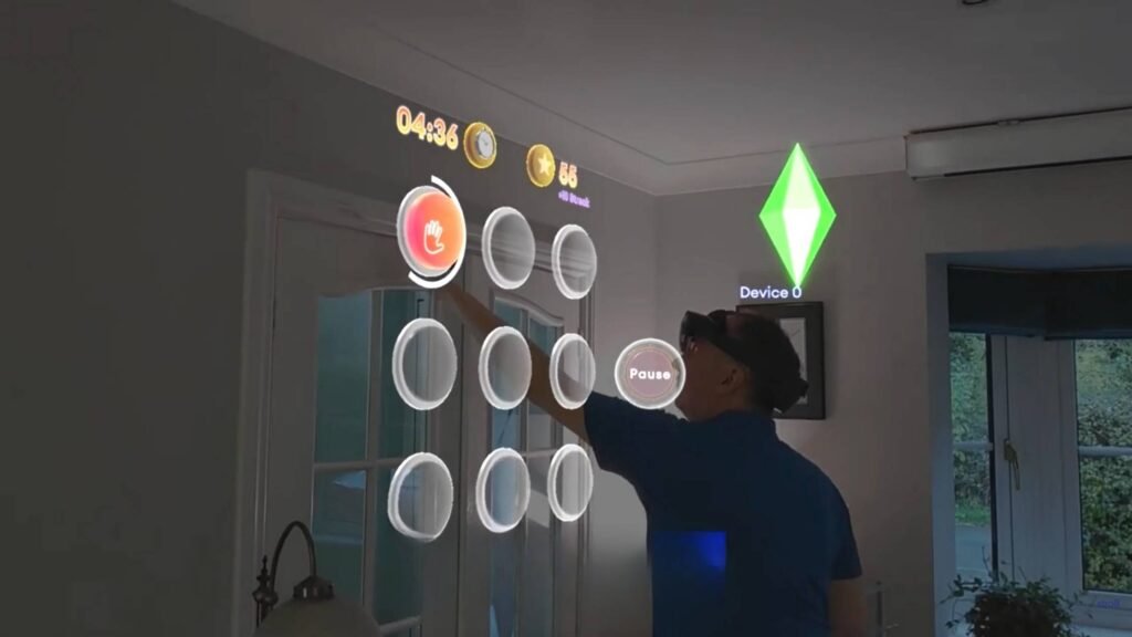 Strolll AR Hot Button exergame used by a person with Parkinson’s to practice stepping, balance and reaction time at home