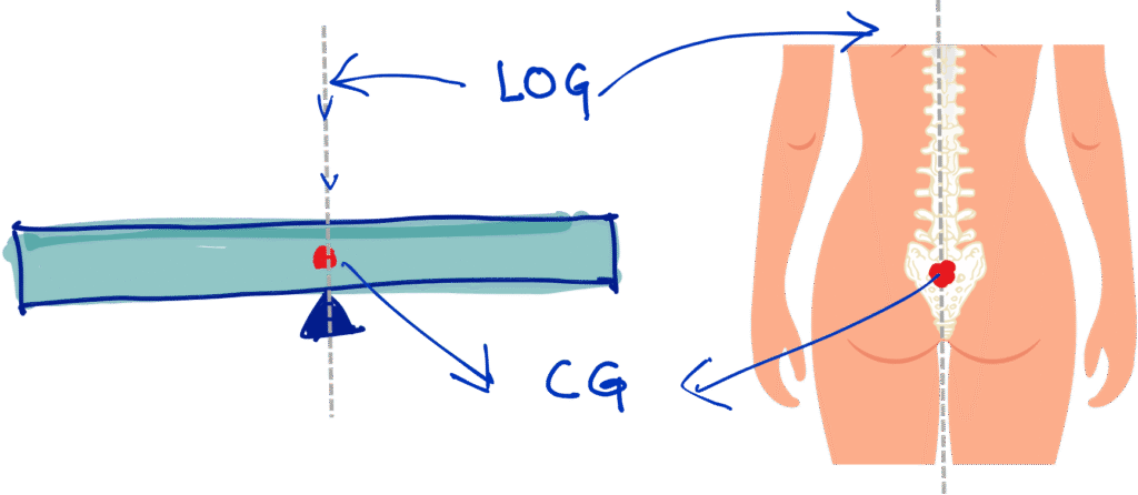 Force, Gravity, and Center of Gravity: Mechanical Principles of Exercise Therapy | BPT Notes Diagram showing a balanced bar with its Center of Gravity (CG) at the pivot point and Line of Gravity (LoG) as a vertical dashed line, alongside a posterior view of the human body with CG marked at the S2 level of the sacrum and LoG passing through the spine
