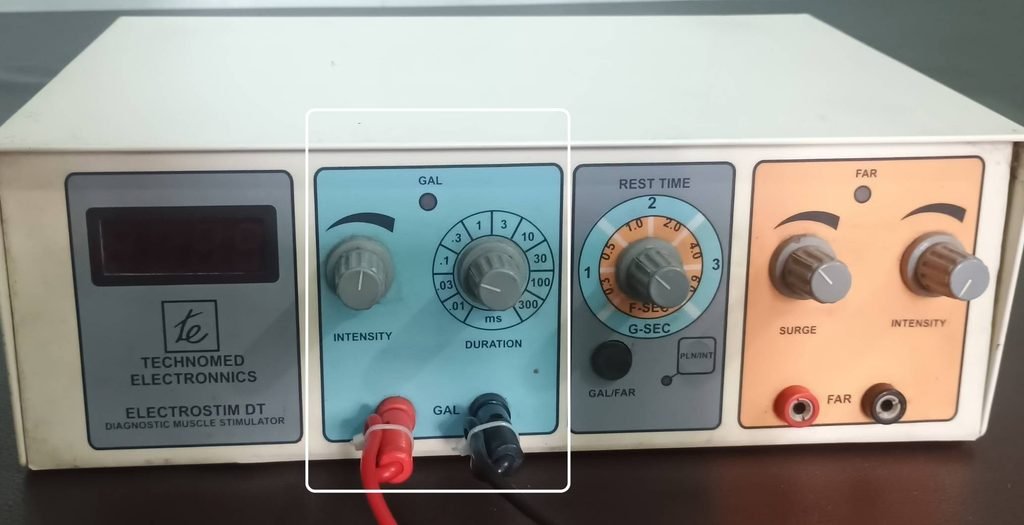 Muscle stimulator machine used to test the strength-duration curve