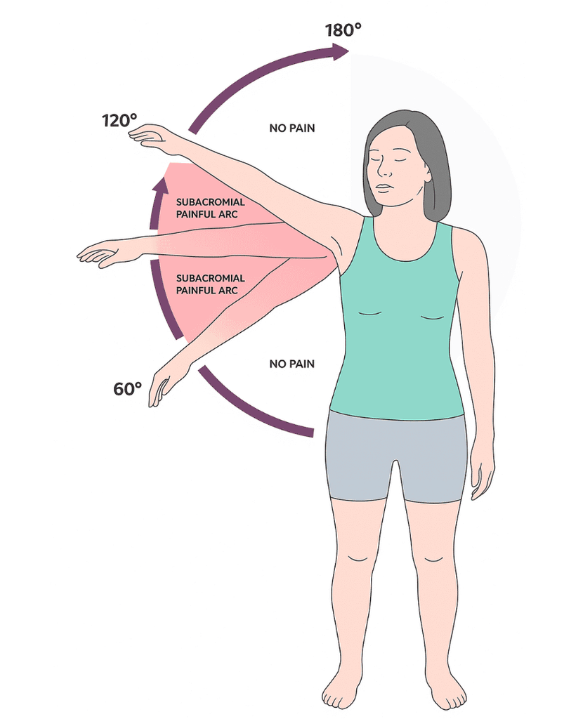 Painful arc syndrome in rotator cuff injury showing the 60 to 120 degree pain range during shoulder abduction